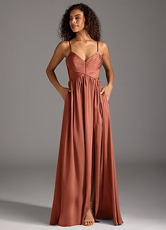 Azazie Alia Jurken voor bruidsmeisjes Jurk van Stretch Satijn met A-Lijn Geplooid Klei image7