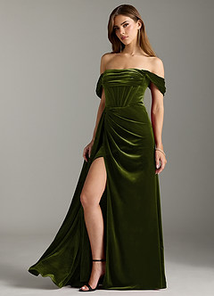 Azazie Amyra Bridesmaid Dresses Olive Sheath Off the Shoulder Velvet Convertible Dress image7