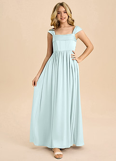 Azazie Hattie Junior Sea Glass A-Line Pleated Stretch Satin Dress image5