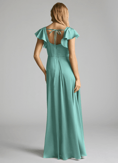 Azazie Bondi Vestidos de damas de honor Vestido de Aqua de Satén Elástico de Corte en A con Lazo image4