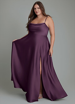 Azazie Elle Bridesmaid Dresses Plum A-Line Pleated Stretch Satin Dress image8