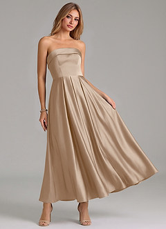 Azazie Lucienne Bridesmaid Dresses Taupe A-Line Pleated Stretch Satin Dress image7