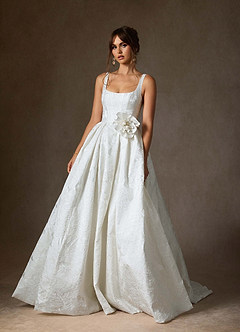 Azazie Ruby Wedding Dresses Diamond White Ball-Gown with Pockets Floral Jacquard Dress image5