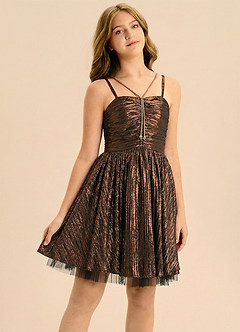 Azazie Jolie Junior Formal Linia A Marszczony Metaliczny satynowy Mini Młodsza druhna Sukienka image5