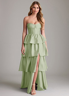 Azazie Faye Bridesmaid Dresses Dusty Sage A-Line Ruched Stretch Satin Dress image1
