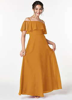 Azazie Maggie Junior Butterscotch A-Line Off the Shoulder Chiffon Dress image3