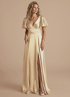 Azazie Kimber Bridesmaid Dresses Champagne A-Line Ruched Metallic Satin Dress image5