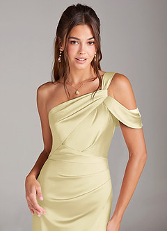 Azazie Wynter Bridesmaid Dresses Lemon Sorbet Sheath One Shoulder Stretch Satin Dress image5