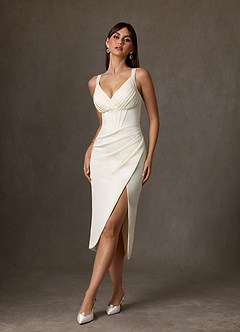 Azazie Zoie Wedding Dresses Cream Sheath Pleated Crepe Back Satin Dress image4