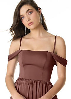 Azazie Morana Bridesmaid Dresses Espresso A-Line Off the Shoulder Stretch Satin Convertible Dress image6