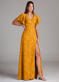 Azazie Ambrosia Bridesmaid Dresses Butterscotch A-Line Pleated Floral Burnout Dress image3