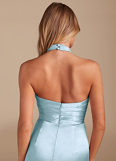 Azazie Jemma Bridesmaid Dresses Sky Blue Sheath Pleated Metallic Satin Dress image2