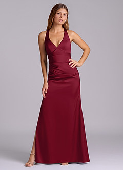 Azazie Amelie Bridesmaid Dresses Burgundy A-Line Pleated Stretch Satin Dress image5