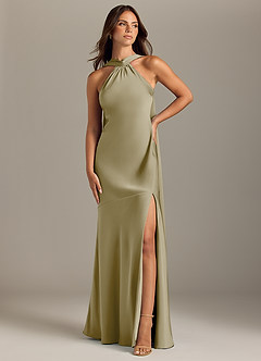 Azazie Kinsley Vestidos de damas de honor Vestido de Musgo Verde de Satén Elástico de Corte Sirena con Corte Lateral image1