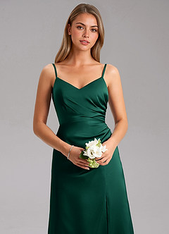 Azazie Azuree Bridesmaid Dresses Emerald A-Line Pleated Stretch Satin Dress image8