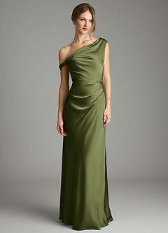 Azazie Emerson Bridesmaid Dresses Olive Mermaid Off the Shoulder Stretch Satin Dress image4