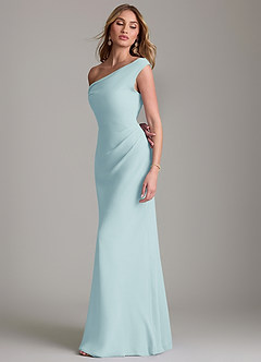 Azazie Emerson Bridesmaid Dresses Sea Glass Sheath Off the Shoulder Chiffon Dress image6
