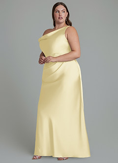 Azazie Emerson Bridesmaid Dresses Lemon Sorbet Mermaid Off the Shoulder Stretch Satin Dress image10