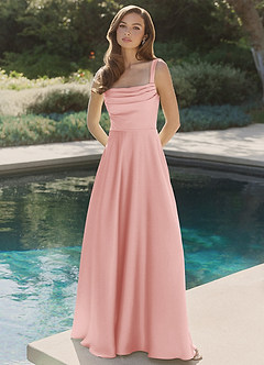 Azazie Shaude Robes de demoiselle d'honneur Robe Trapèze en Satin extensible Plissée Rose Poudré image9