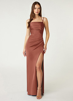 Azazie Desi Brautjungfernkleider Etui Halter Korsett Stretch-Satin Kleid Rotbraun image1