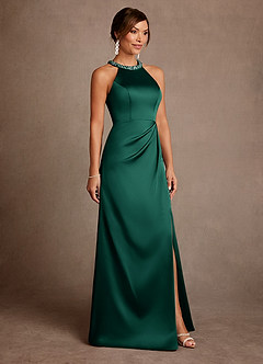 Azazie Lawrence Mother of the Bride Dresses Emerald A-Line Pleated Stretch Satin Dress image4