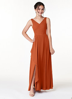 Azazie Kori Junior A-Linie Gestreift Chiffon Kleid Gebranntes Orange image1