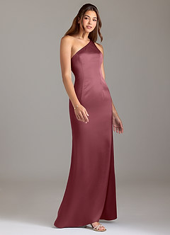 Azazie Arleth Vestidos de damas de honor Vestido de Rosa Del Desierto de Satén Elástico de Corte en A con Hombro unilateral image4