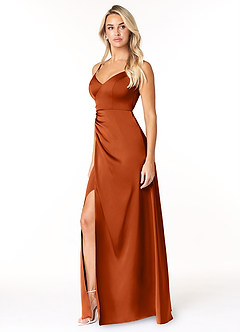 Azazie Marchella Vestidos de damas de honor Vestido de Naranja Quemada de Satén Elástico de Corte en A con Corsé image4