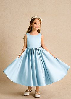 Azazie Doodlebug Flower Girl Dresses Sky Blue A-Line Bow Matte Satin Dress image4