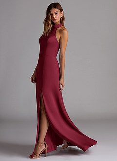Azazie Myra Bridesmaid Dresses Burgundy A-Line High Neck Stretch Satin Dress image5