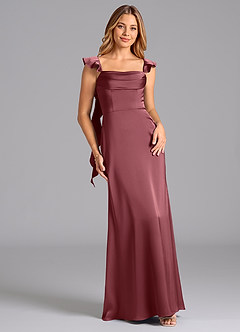 Azazie Adi Robes de demoiselle d'honneur Robe Trapèze en Satin extensible Plissée Rose Du Désert image1