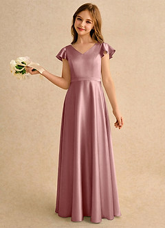 Azazie Nari Girls Formal Robe Demoiselle D'honneur Fillette Robe Trapèze en Satin extensible avec manches Rose Poussiéreuse image1
