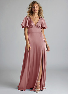 Azazie Kimber Robes de demoiselle d'honneur Robe Trapèze en Satin extensible Rayé Rose Poussiéreuse image3