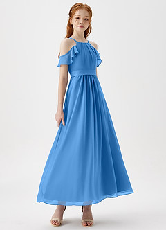 Azazie Chaya Junior Blue Jay A-Line Off the Shoulder Chiffon Dress image6