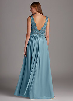 Azazie Elly Bridesmaid Dresses Moody Blue A-Line Lace Scoop Neck Chiffon Dress image2