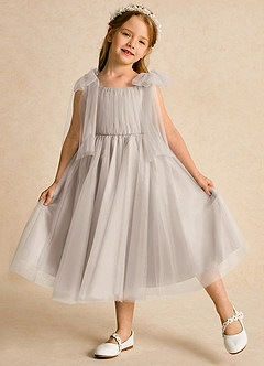 Azazie Dori Robe Demoiselle D'honneur Fillette Robe Trapèze en Tulle Rayé Givre image4