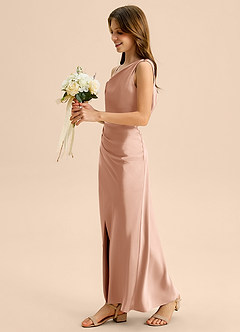 Azazie Madelyn Junior Osłona Zza ramienia Satyna elastyczna Długość podłogi Młodsza druhna Sukienka image3