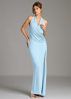 Azazie Nakia Robes de demoiselle d'honneur Robe Fourreau en Jersey extensible de qualité supérieure Plissée Bleu Ciel image3