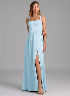Azazie Rosaline Bridesmaid Dresses Sky Blue A-Line Side Slit Stretch Satin Dress image4