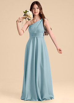 Azazie Charlize Junior Moody Blue A-Line Pleated Stretch Satin Dress image6