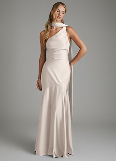 Azazie Amara Bridesmaid Dresses White Alabaster Mermaid One Shoulder Stretch Satin Dress image3