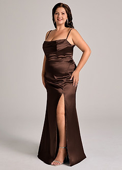 Azazie Saige Brautjungfernkleider Wandelbar Etui Schulterfrei Metallischer Satin Kleid Ganache image12