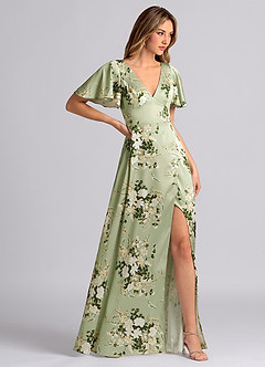 Azazie Lani Bridesmaid Dresses Floral Vines A-Line Flounce Sleeve Stretch Satin Dress image4