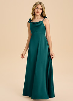 Azazie Gumdrop Junior Abito Impero in Raso Elasticizzato Plissettato Verde Pavone image3