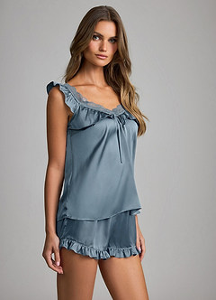 front Lace Ruffled Trim Wing Satin Pajama Set