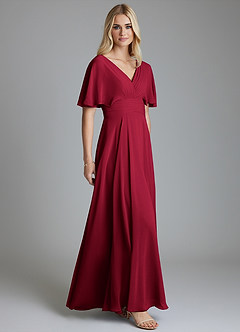 Azazie Pamela Vestidos de damas de honor Vestido de Borgoña de Gasa de Corte en A con Cuello en V plisado image4