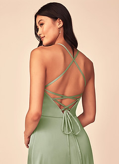 Azazie Mei Bridesmaid Dresses Dusty Sage A-Line V-Neck Stretch Satin Dress image3