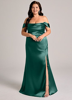 Azazie Saige Bridesmaid Dresses Pine Sheath Off the Shoulder Metallic Satin Convertible Dress image9