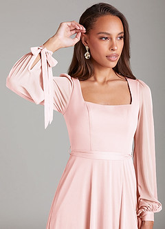 Azazie Leonia Bridesmaid Dresses Blushing Pink A-Line Long Sleeve Mesh Dress image5