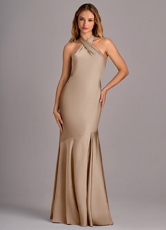 Azazie Lorena Bridesmaid Dresses Taupe Mermaid Pleated Stretch Satin Dress image4